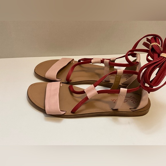 Anthropologie Liendo Pink Red Leather Sandals Strappy Flat Ankle Tie shoes - Picture 9 of 11